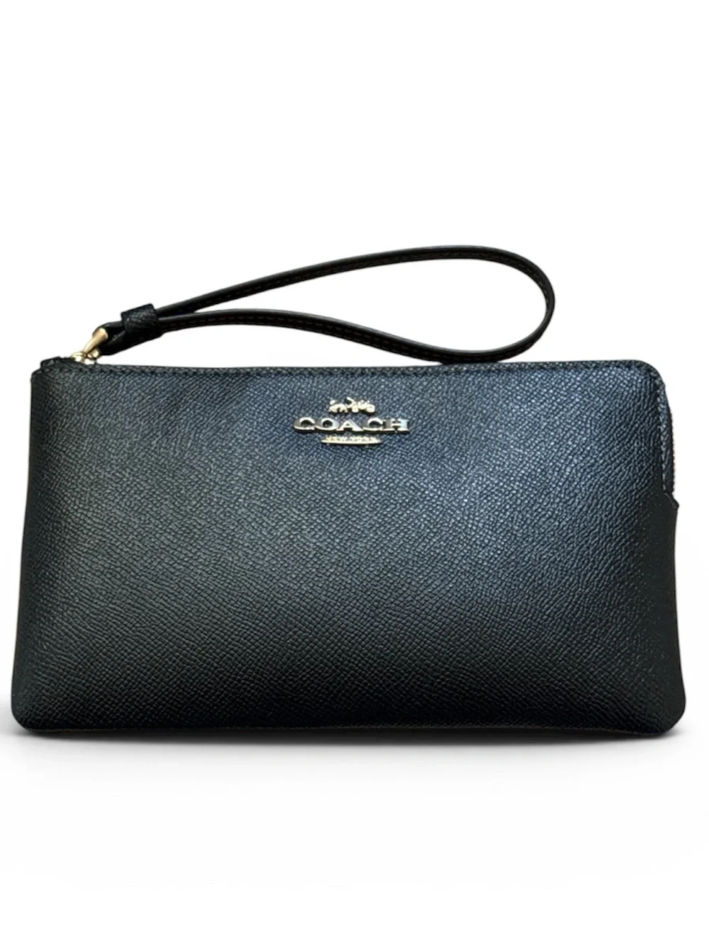 Coach Black Leather Zip Wristlet‎ with Gold Logo